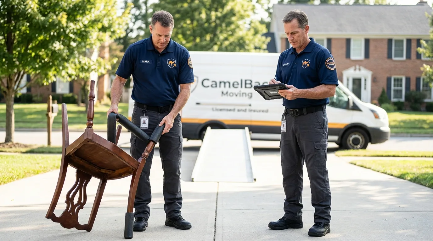 Movers inspecting furniture for damage prevention before loading in Oxford, NJ