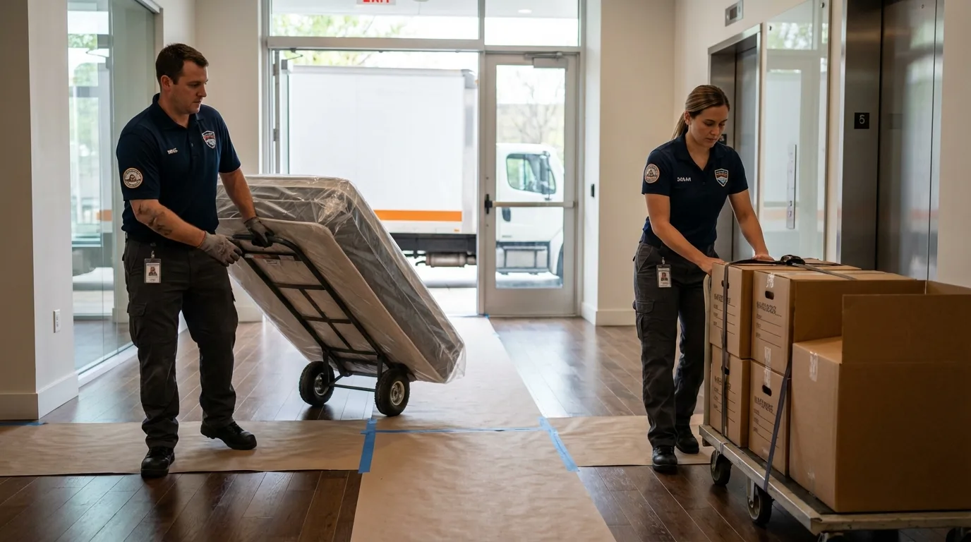 Professional apartment movers loading elevator in Oxford, NJ