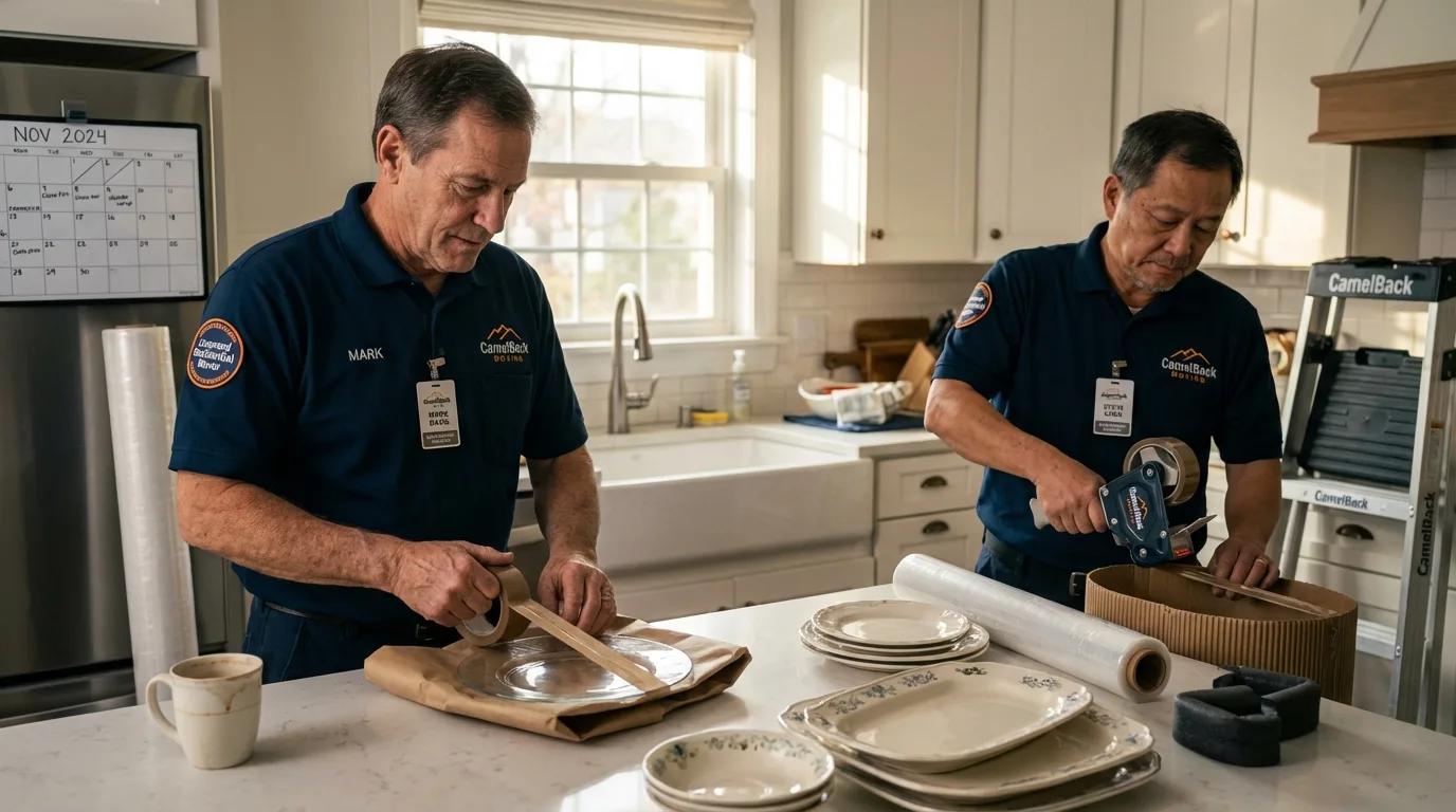 Professional crew packing kitchen dishware in Oxford, NJ
